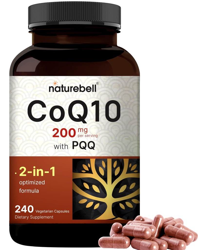 NatureBell CoQ10 200mg with PQQ, 240 Veggie 캡슐 | 안정적인 높은 흡수 형태 - 심장, 에너지 건강을위한 산화 지원 - 추가 강도 Coenzyme Q10 보충