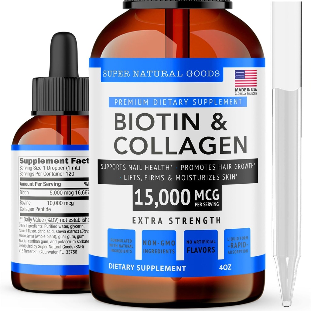 Super Natural Goods Biotin & Collagen Vitamins - 탈모, Gut Health, 노화 방지, 피부 관리 및 손톱 - 미국, 비 GMO 및 Cruelty Free (4 Ounce- 15,000mcg)
