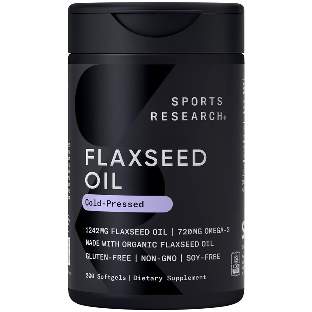 스포츠 연구 Flaxseed 오일 Softgels 1242mg - 식물 기반 오메가 3 여성 및 남성을위한 보충 - Non-GMO Verified, Soy & Gluten 무료 (200 개)
