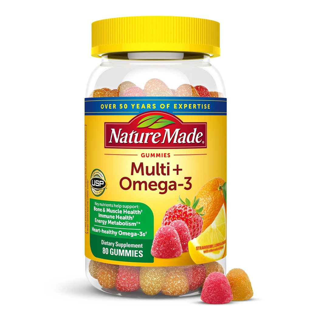 Nature Made Multivitamin + Omega-3, Multivitamin Gummies for Women and Men, 매일 영양 지원, 80 성인 거미 비타민 & 미네랄, 40 일 공급