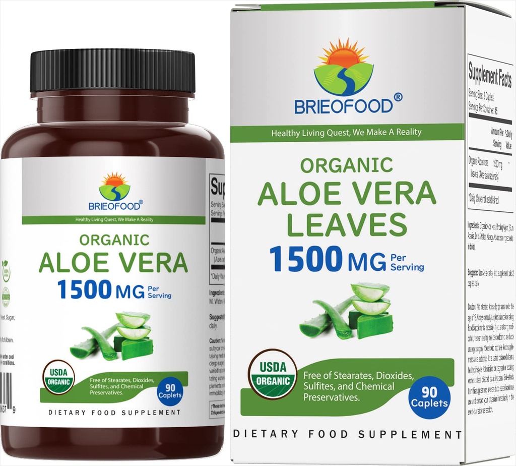 Brieofood 유기 알로에 Vera 1500mg, 45 서빙, 채식, 글루텐 무료, 90 채식 정제