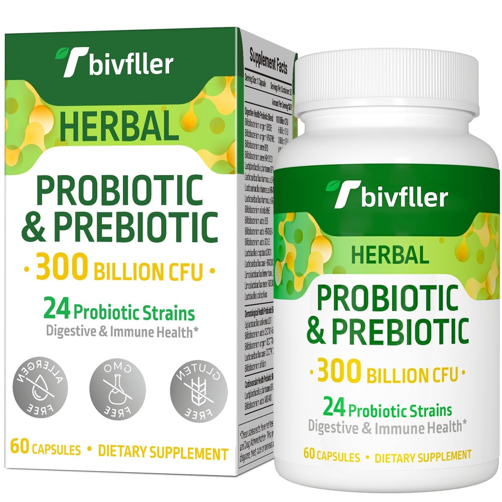 여성 남성을위한 프로 바이오 틱스 - 300 억 CFU, 24 Strains Probiotic + 15 유기 허브 프리 바이오 틱스 혼합, 사전 및 프로 바이오 틱스, 소화 건강, 면역 및 구트, Diarrhea, Bloating, Vegan, 2 개월 공급