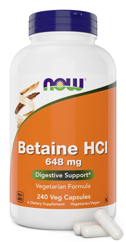 이제 베타인 HCl 648mg 240 Veg 캡슐 (팩 2) - 소화 효소 보충 - 단백질 소화 지원을위한 Pepsin Protease로 향상된