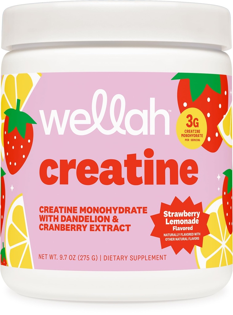 여성용 Wellah Creatine - Dandelion & Cranberry Extract (50 서빙, Strawberry Lemonade)가있는 크레아틴 Monohydrate
