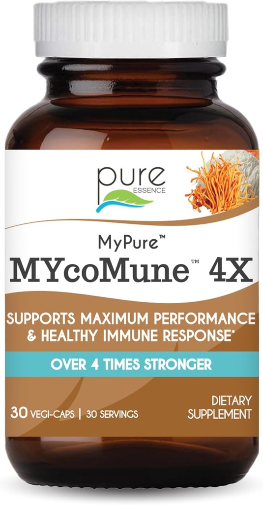 MycoMune 4X 유기 버섯 보충 - Reishi, 사자 Mane, Cordyceps, Chaga, Shiitake, Immune 시스템을위한 Maitake, Combat 스트레스, 순수 에센스로 에너지 구축 - 30 캡
