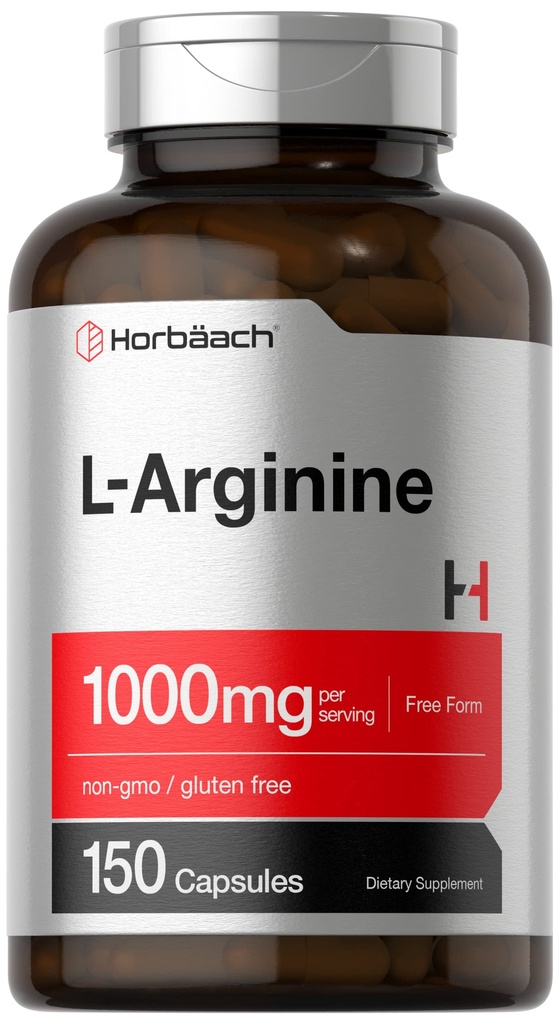 Horbäach L-Arginine 1000mg | 150 캡슐 | 무료 양식 다이어트 보충 | 비 GMO 및 글루텐 무료