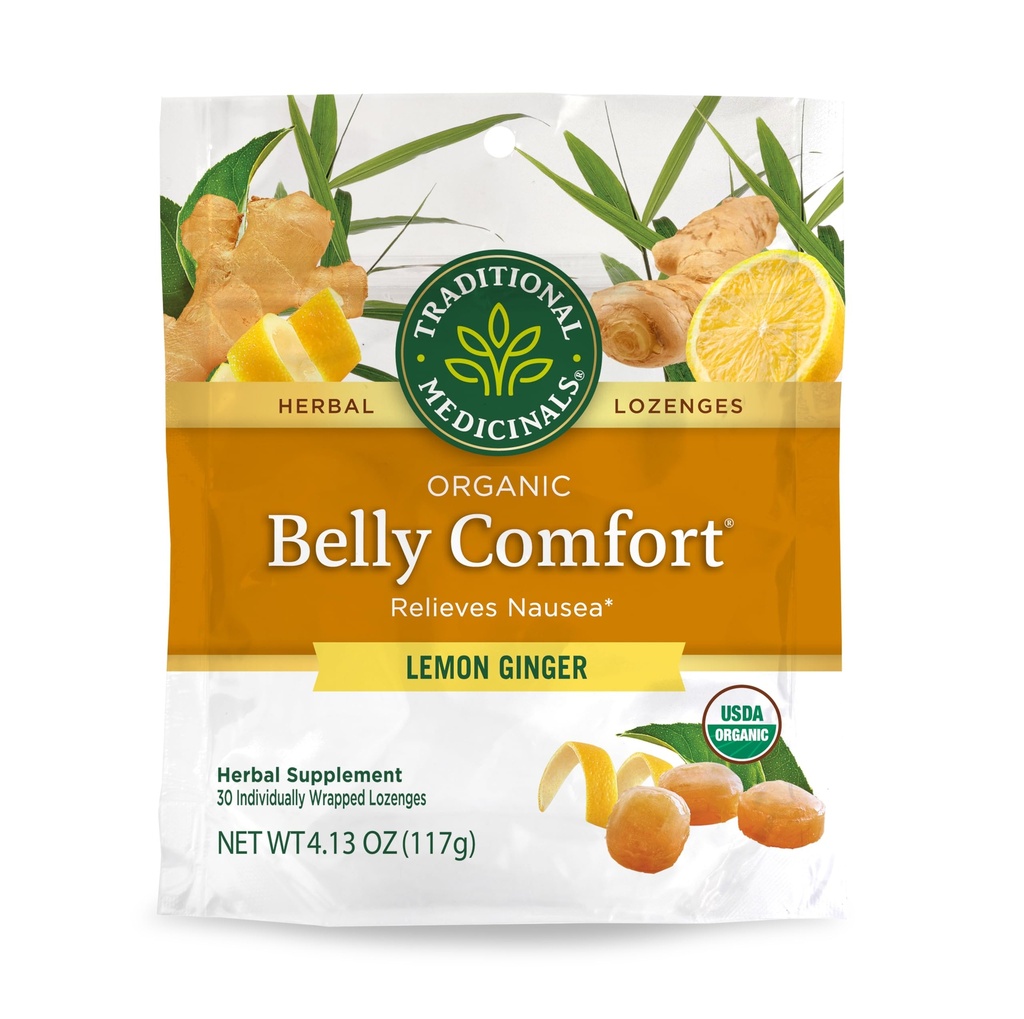 전통 약품, 유기 Belly Comfort Lozenges Lemon Ginger, Relieves Nausea, 30 개별적으로 감싸인 Lozenges