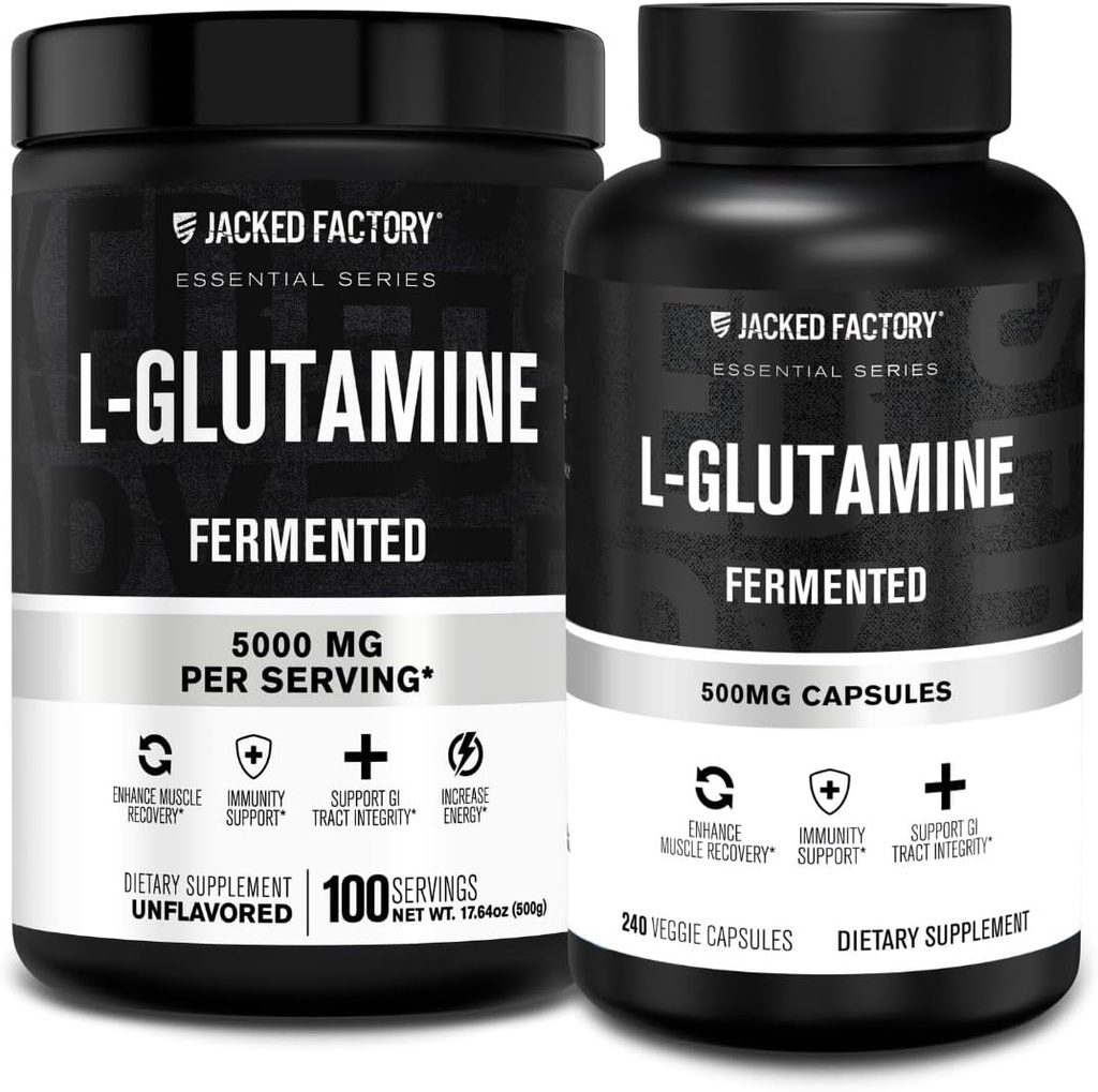 Jacked 공장 L 글루타민 분말 100 서빙 & L 글루타민 캡슐 500mg (240 캡슐) 포스트 운동 근육 회복, Immunity, 소화 건강에 대 한