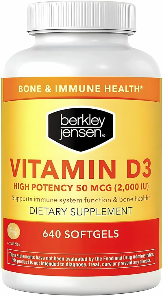 Berkley Jensen 높은 힘 비타민 D3 2000IU (50 mcg) (640 Softgels), 이, 근육, 면역 기능 및 뼈 건강을 위한 규정식 보충교재, 남자와 여자를 위한, 미국에서 만드는, 640 일 공급