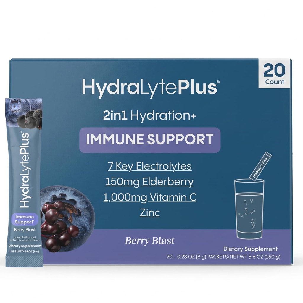 Hydralyte Electrolytes Plus Immunity, Elderberry - 낮은 설탕 급속한 Rehydration 분말 - 1,000mg 비타민 C와 300 mg Elderberry (8oz Serve, 20 조사)를 가진 가볍게 점화하는 Electrolyte 분말 소포