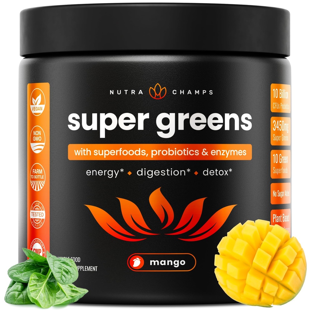 NutraChamps Super Greens Powder Premium Superfood | 20+ Organic Green Veggie Whole Food | 밀 잔디, Spirulina, Chlorella | 산화 방지제, 소화 효소 및 프로바이오틱 혼합 (9.0 OZ, 망고)