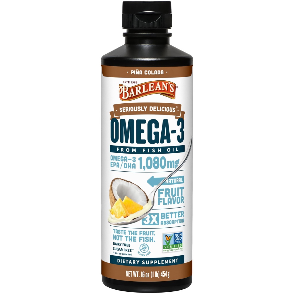 Barlean의 오메가 3 물고기 기름 액체 보충 남자와 여자, Pina Colada, 1080mg EPA 및 DHA 지방산, 16 oz