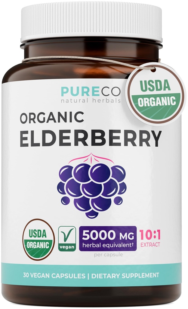 유기 엘더 베리 캡슐 - 10 : 1 추출물은 Immune 지원, 알레르기, Sinus Relief - Sambucus Nigra - Black Elderberry - 30 모자 (약 또는 Gummies 없음)의 5,000mg을 갖는다.