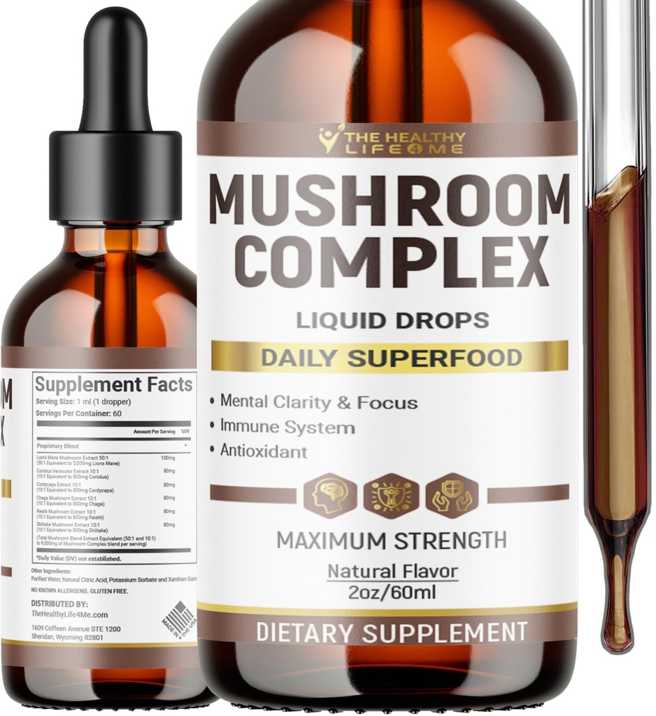액체 버섯 복합 단지 | 초본 액체 방울| 버섯 보충 | 사자 Mane, Reishi, Shiitake, Chaga, Cordyceps, Coriolus Versicolor | NonGMO 2oz - 60 일 공급