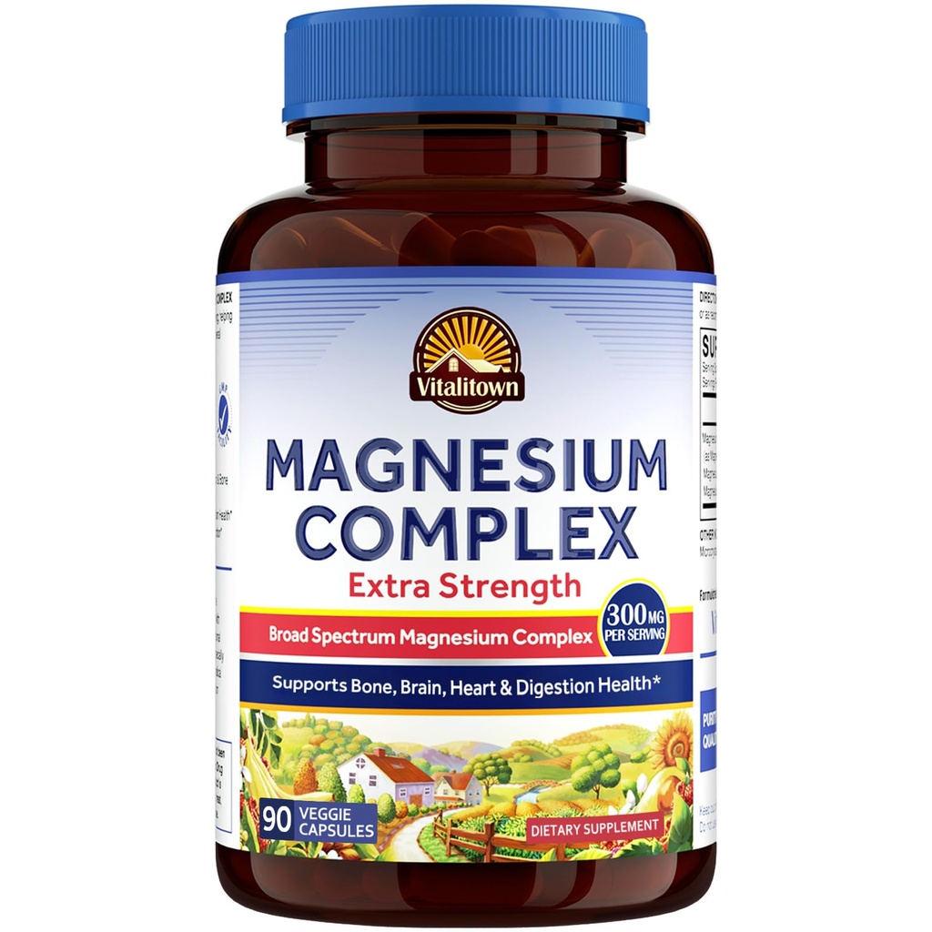 비탈리 타운 마그네슘 복합 보충 | 300mg 원소 Magnesium Citrate Glycinate Taurate Malate | Non-GMO, No Gluten, Bone Brain Heart 용 90 Vegan Magnesio 캡슐