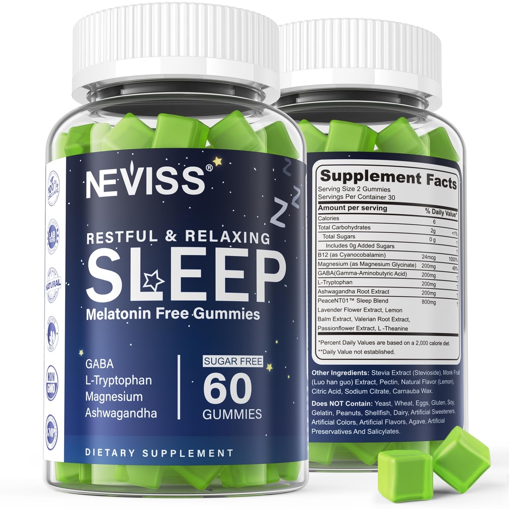 NEVISS Melatonin - 성인을위한 무료 수면 보조 구미 - 마그네슘 글리세라이드 구미 | GABA, L-Tryptophan, 마그네슘, Ashwagandha - Non-Habit Forming, Deep Relaxation - Vegan, 레몬 맛, 1Pack