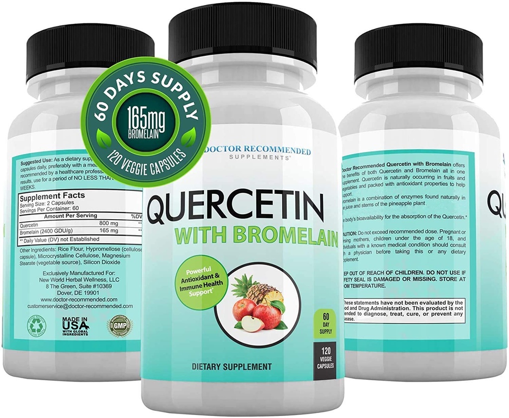 DOCTOR RECOMMENDED SUPPLEMENTS Quercetin 800mg w/Bromelain 165mg 서빙 당 - 120 Veggie 캡슐 가득 차있는 60 일 공급, 비타민 보충교재 지원 & Bioflavonoids, 글루텐 자유로운, 비 GMO