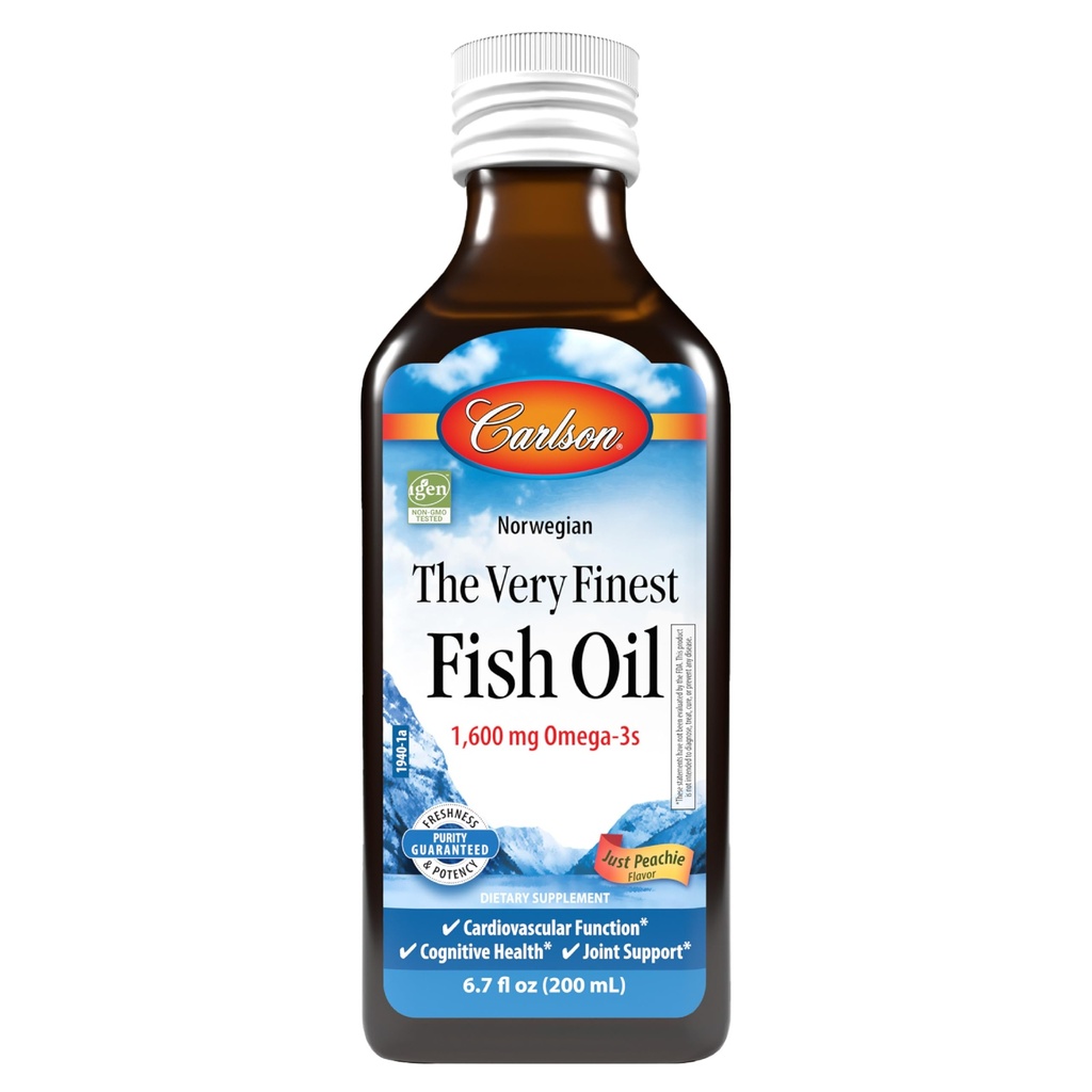 Carlson - 매우 Finest Fish Oil, 1600 mg Omega-3s, 액체 물고기 기름 보충교재, 노르웨이어 물고기 기름, 야생 잡초, 지속 가능한 Sourced Fish Oil Liquid, Just Peachie, 200 mL (6.7 Fl Oz)