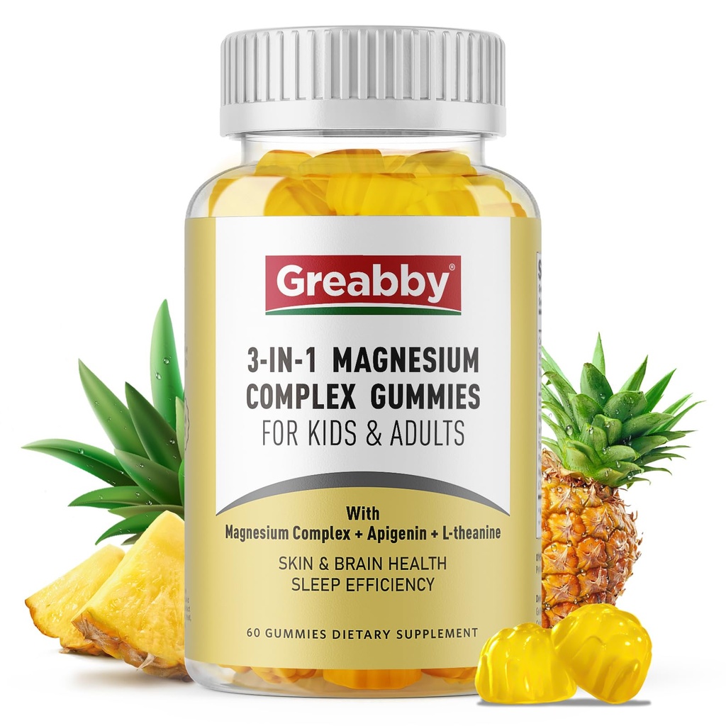 Triple Magnesium Complex Gummies - 800mg 마그네슘 글리세라이드 및 시트레이트, Apigenin & L-Theanine, 어린이를위한 & 성인, 자연적으로 수면 및 근육 크림 (60 카운트)