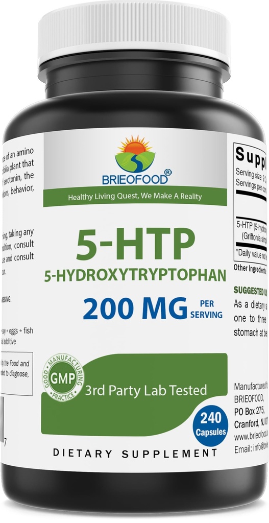 서빙 당 Brieofood 5-HTP 200mg - 240 캡슐 - 건강한 휴식을위한 5-Hydroxytryptophan - 3rd Party Lab 테스트