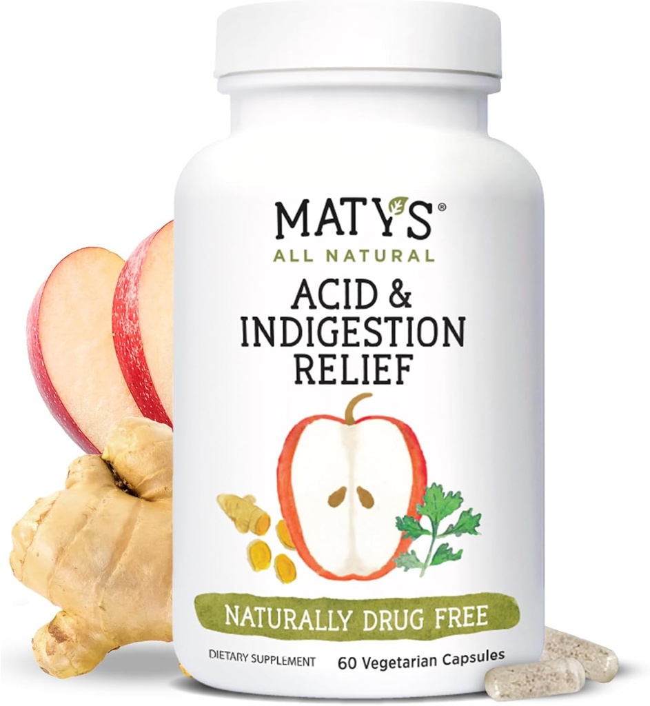 Matys Acid & Indigestion Relief Capsules, Occasional Acid Reflux & Heartburn에 대한 안전한 Antacid 대안, Apple Cider Vinegar, Soy & Gluten 무료 채식 캡슐, 60 카운트, 30 서빙