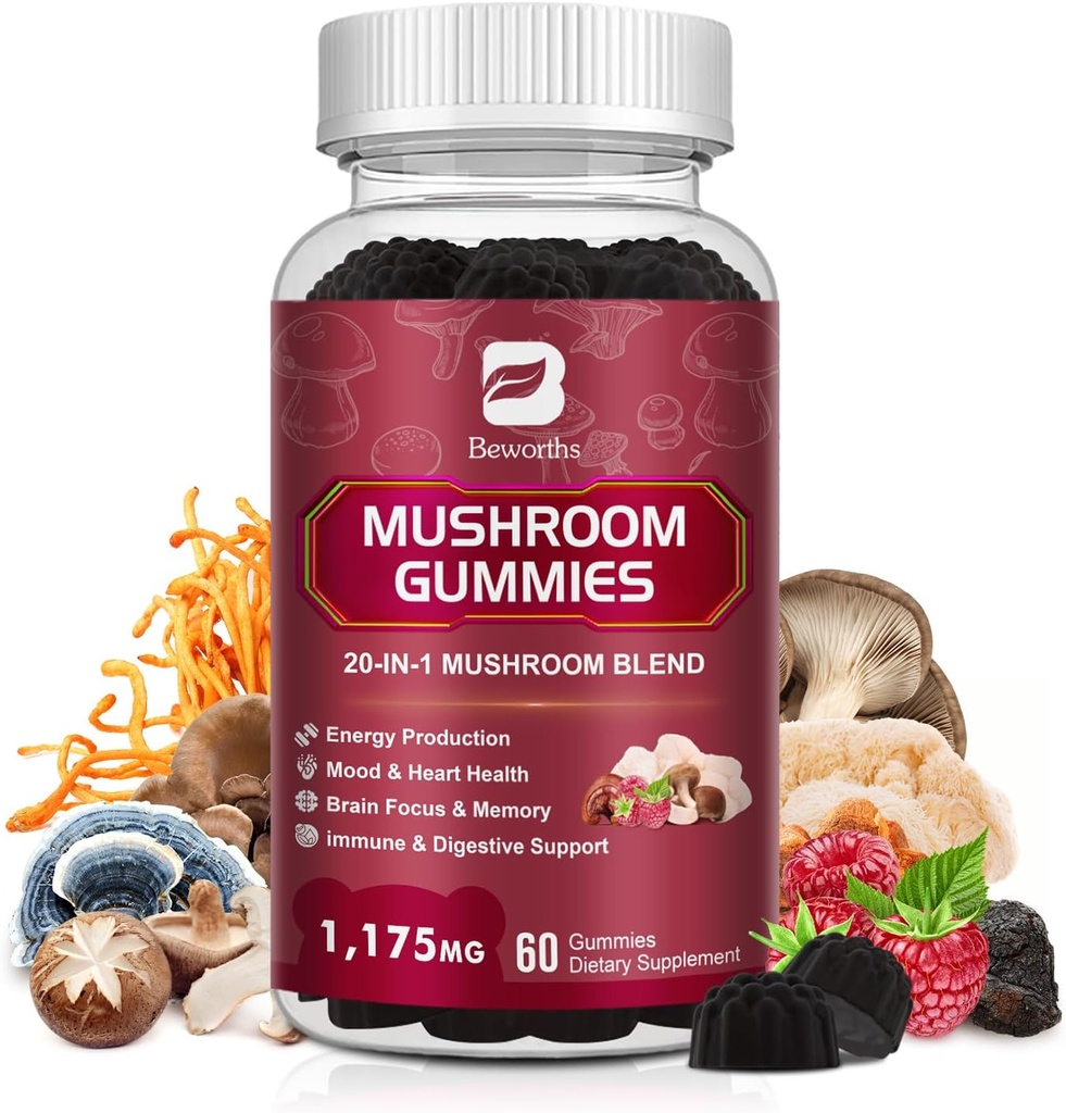 버섯 Gummies, Reishi, Chaga, Cordyceps & More for Adult, Brain, Focus, Cognitive & Immune Health, Vegan, Raspberry flavor, 60 Count 지원