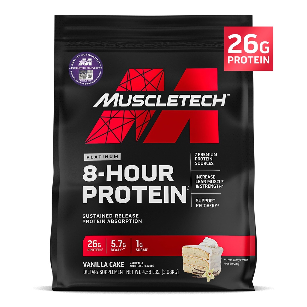 MuscleTech Platinum 8-Hour Protein Powder - 증가 된 Lean 근육, 강도 및 향상된 복구를위한 Whey & Casein Protein의 7 프리미엄 단백질 소스 - 바닐라 케이크, 50 서빙