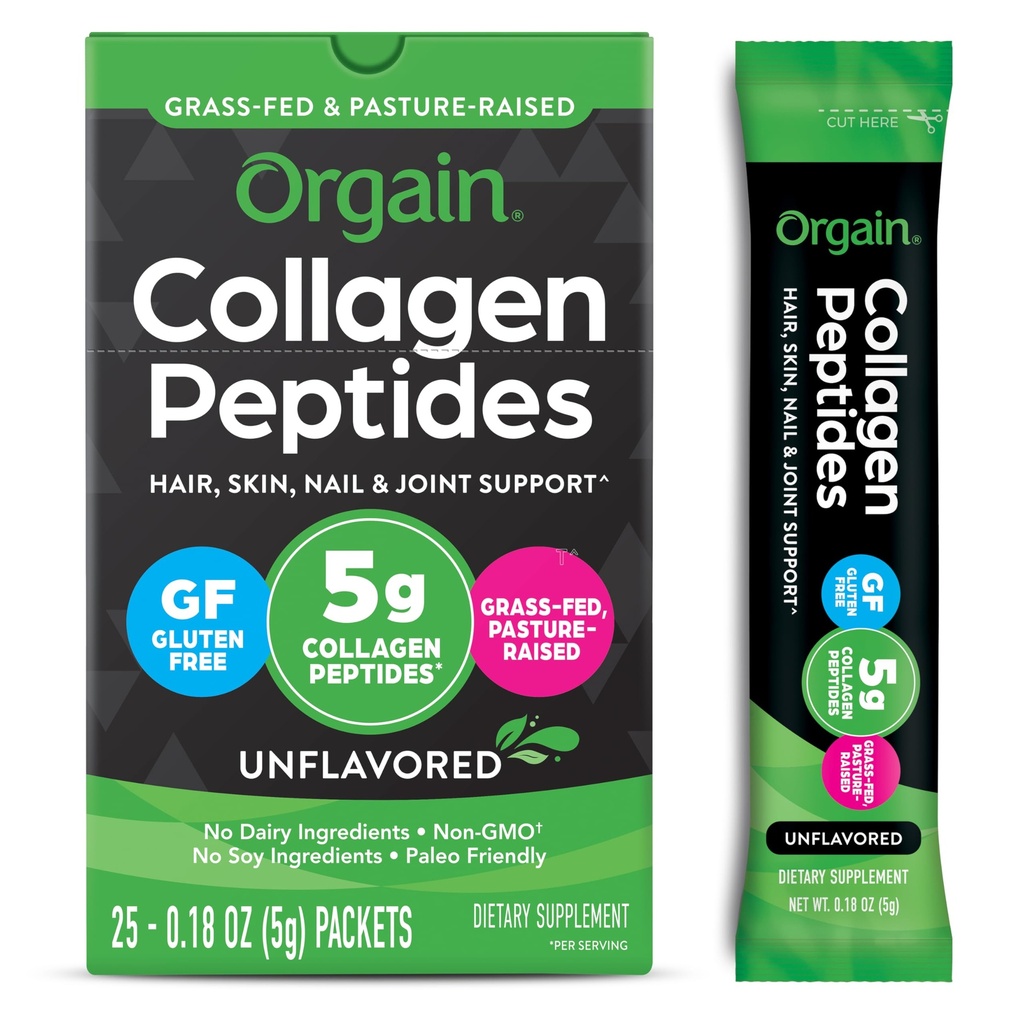 Orgain Hydrolyzed Collagen Peptides Travel Packets for Women & Men - 5g Grass Fed Collagen Per 서빙, 헤어, 스킨, 네일 & 공동 지원 보충교재, 비 GMO, 유형 I & III - Unflavored (25 조사)