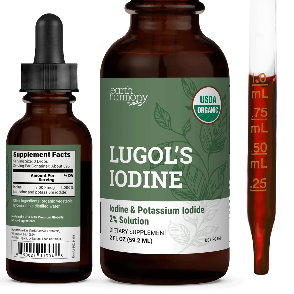 유기 Lugol의 Iodine, Iodine 및 칼륨 Iodide 2% 해결책 3000 mcg - 여성 & 남자를 위한 Thyroid 지원을 위한 액체 보충교재 하락, 대사 건강, Detox Boost - 비 GMO, 395 서빙 (2 Oz)