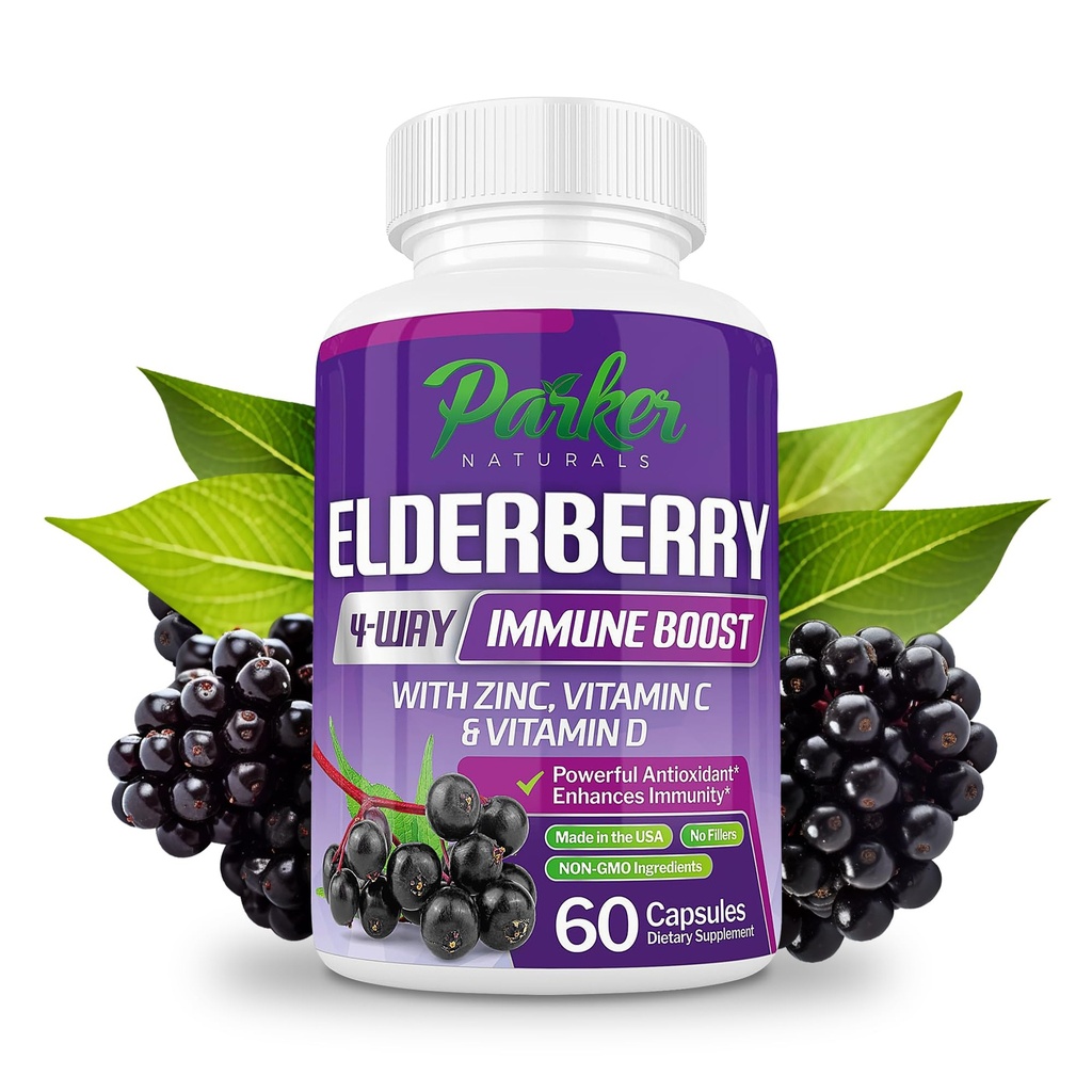 Parker Naturals 유기 Elderberry 캡슐, 4-Way 면역 부스트 Elderberry, 비타민 C, D & 아연 지원, 1260.1 mg Elderberry 성인, 60 캡슐에 대 한 보충 교재