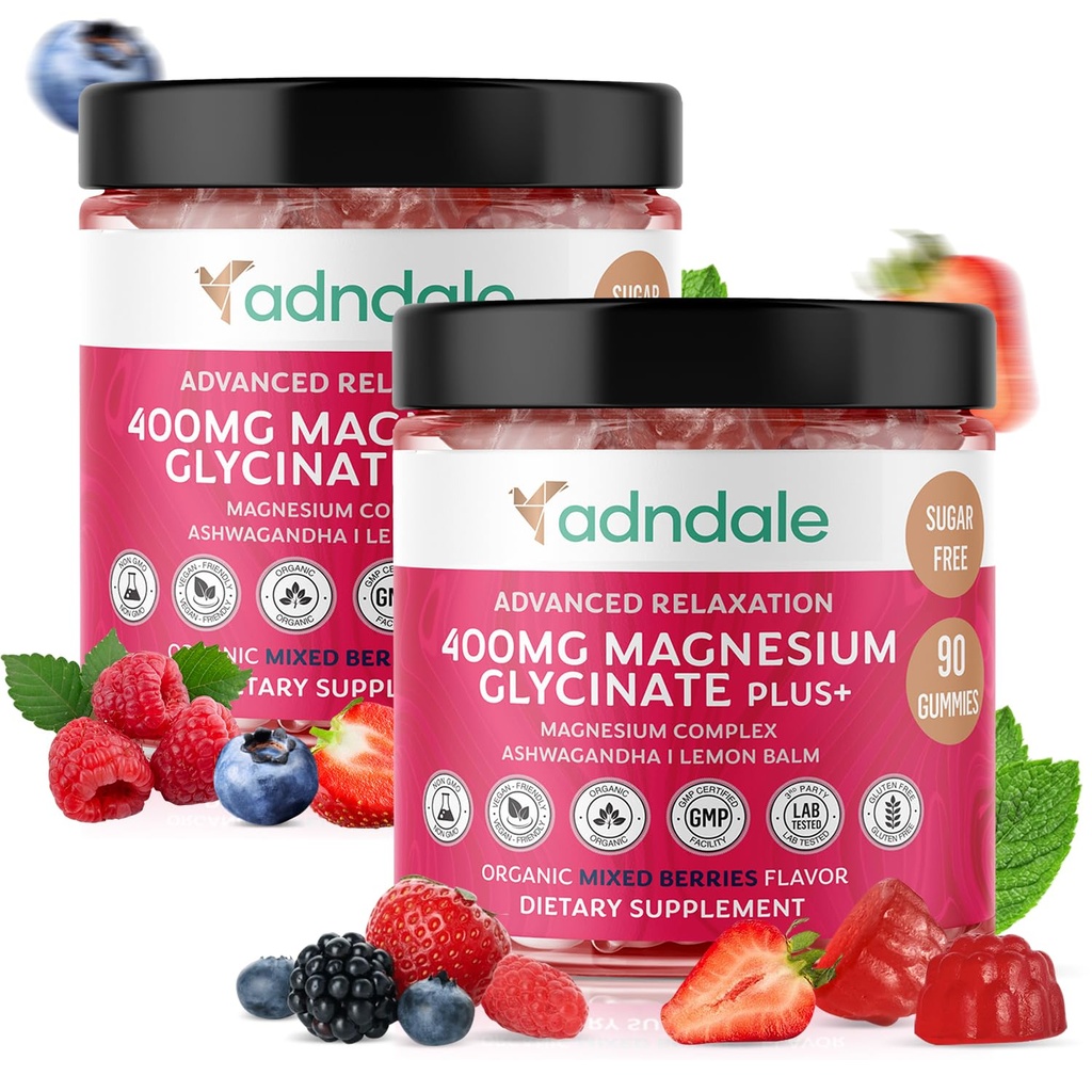 Adndale 180 CT 마그네슘 글리세라이드 Gummies 400 mg/Serv, Ashwagandha, Magnesium Malate & Taurate, 성인 & 아이를 위한 설탕 자유로운 Chews.