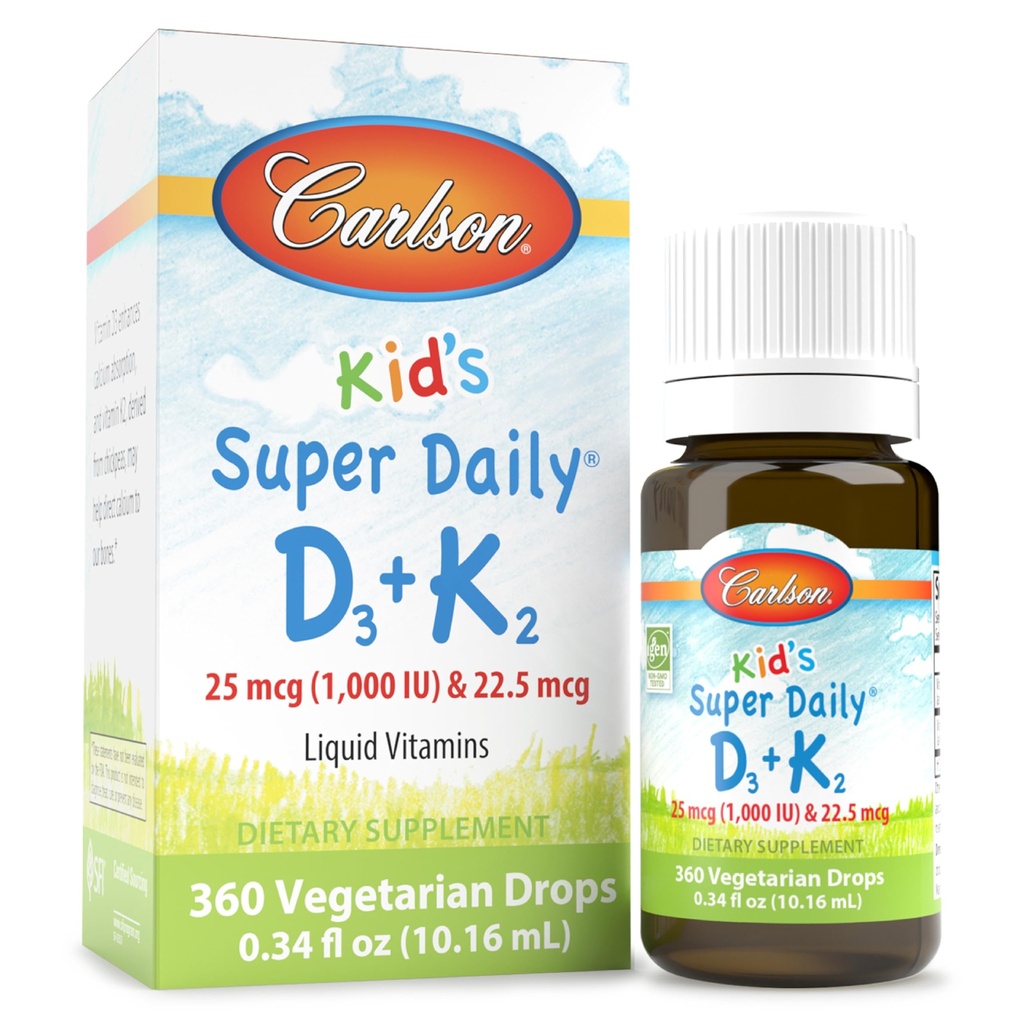 칼슨 - 아이의 슈퍼 매일 D3 + K2, 25 mcg (1,000 IU) D3 & 22.5 mcg K2, 비타민 D 드롭 비타민 K2, 액체 비타민, 1000 IU 비타민 D3, 심장 & 뼈 건강, 1 년 공급, 불연, 360 드롭