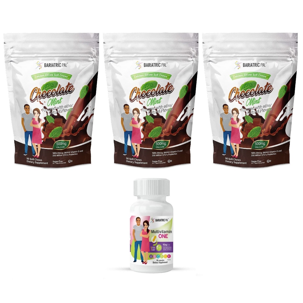 BariatricPal 90 일 Bariatric 비타민 뭉치 (일 당 Multivitamin 하나 1! 45mg 철과 칼슘 구연산염 Probiotics를 가진 연약한 Chews 500mg를 가진 캡슐 - 초콜렛 Mint)
