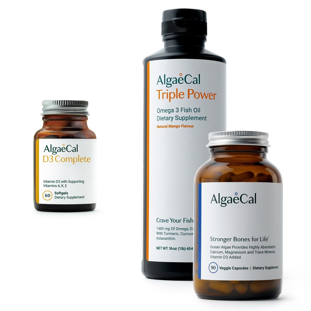 ALGAECAL 번들 - D3 (1000 IU) + K2, 비타민 E, 비타민 A (1000 IU) & 1200mg EPA DHA를 가진 뼈 지원 & 오메가 3를 위한 식물 근거한 칼슘