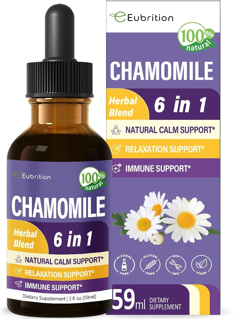 Chamomile 허브 추출물 하락, 자연적인 Calm 초본 Tincture 보충교재 w/Passion 꽃, St. John's Wort, Lavender, Reishi, & Relaxation 지원 & 면역 지원을 위한 Echinacea. 2온스