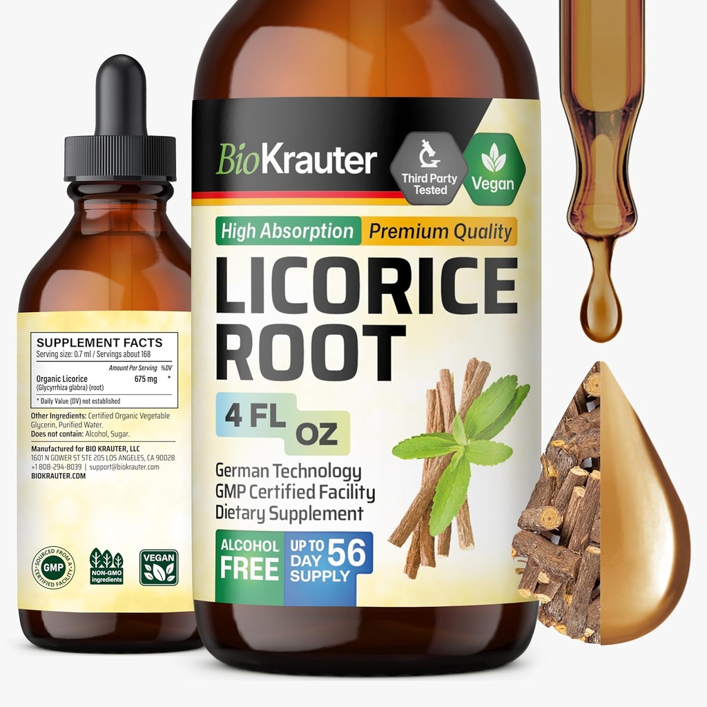 BIO KRAUTER Licorice Root Tincture - 소화 지원을위한 Licorice 뿌리 추출물 - 알코올 및 설탕 무료 - Vegan Drops 4 Fl.Oz.