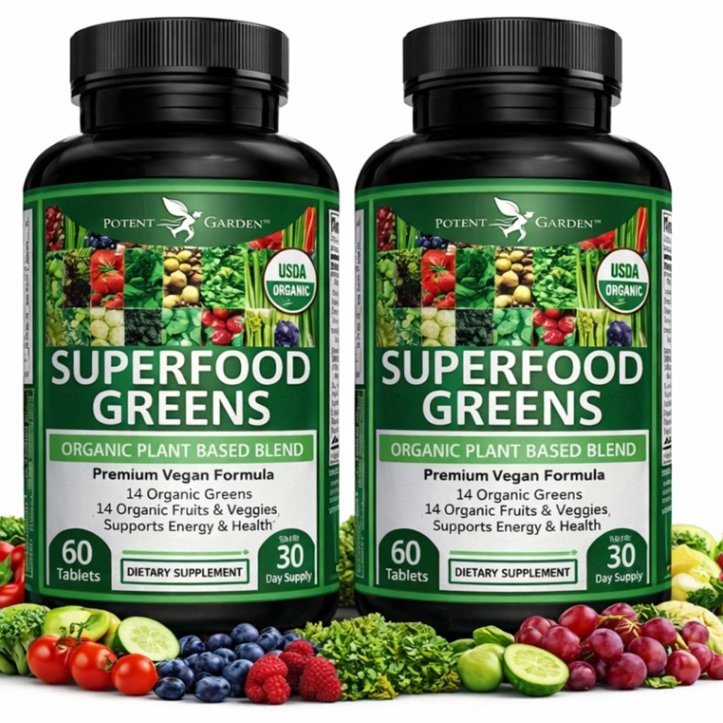 유력한 정원 2 팩 유기 Superfood 녹색, 과일 및 채소 보충은 Alfalfa, Beet 뿌리 & Tart Cherry를 가진 비타민 & 산화 방지제에 있는 부유한 에너지, Immunity & Gut 건강, 120 Ct를 밀어줍니다