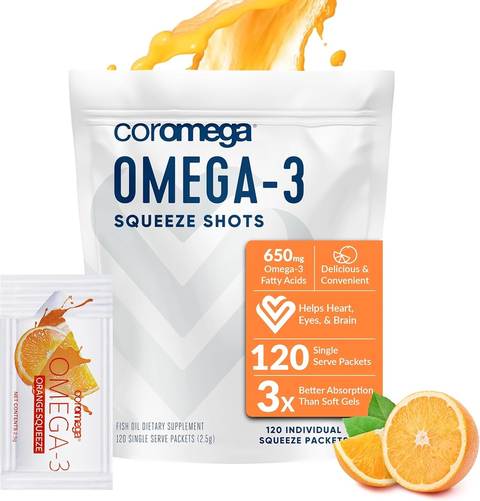 Coromega 오메가 3 물고기 기름 보충교재, Softgels, 주황색 풍미, 120 단 하나 Serve Squeeze 소포 보다는 3X 더 나은 흡수를 가진 Omega-3s의 650mg