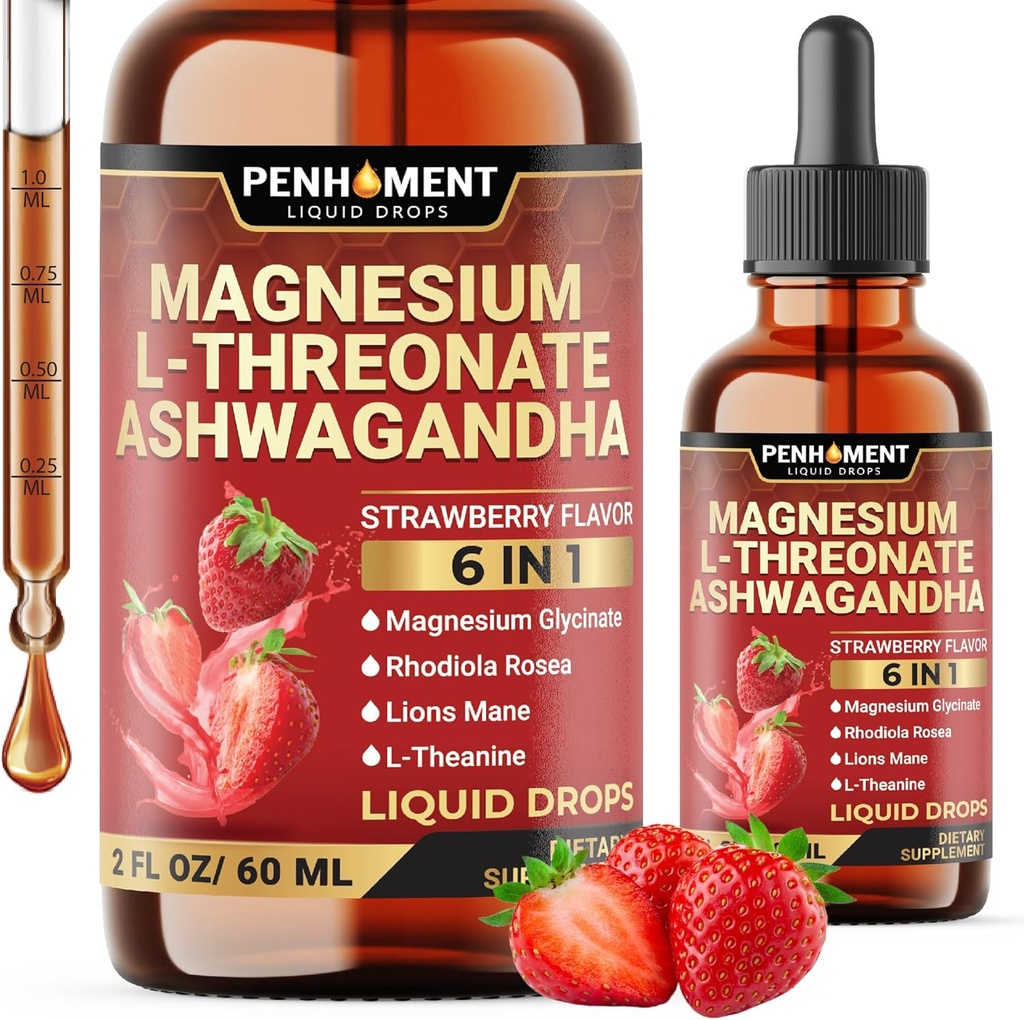 6in1 마그네슘 L-Threonate 액체 드롭 Ashwagandha, 마그네슘 글리세라이드 및 3 더 - 뇌 지원 및 면역 - 30 일 동안 2 Fl Oz - 딸기 풍미