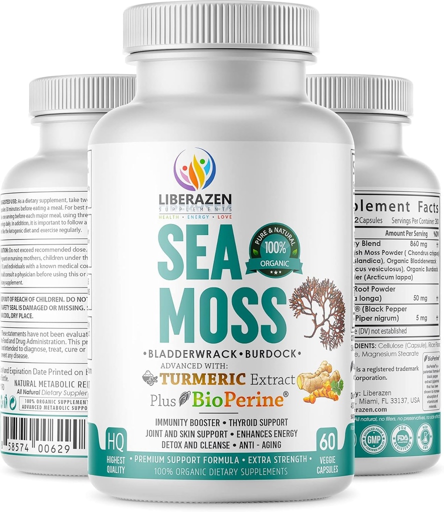 Organic Irish Sea Moss Pills - Wildcrafted Dr Sebi Inspired Seamoss Blend with Turmeric, Burdock Root & Bladderwrack, Black Pepper로 향상된 - 60 캡슐