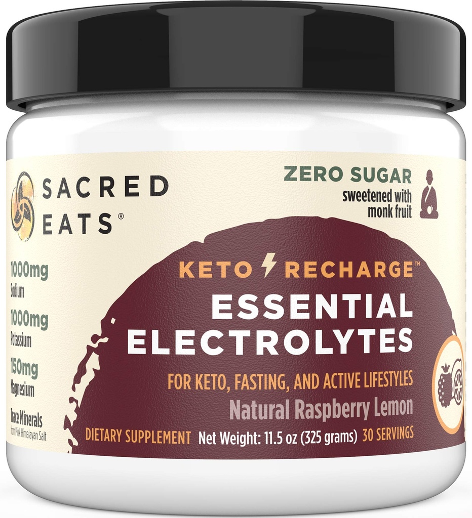 Keto Electrolyte Powder & Hydration Supplement | 1000mg 칼륨 및 나트륨, 150mg 마그네슘 | 설탕 및 스테비아 없음, Monk Fruit로 단화 | 천연 라즈베리 레몬 (30 인분)