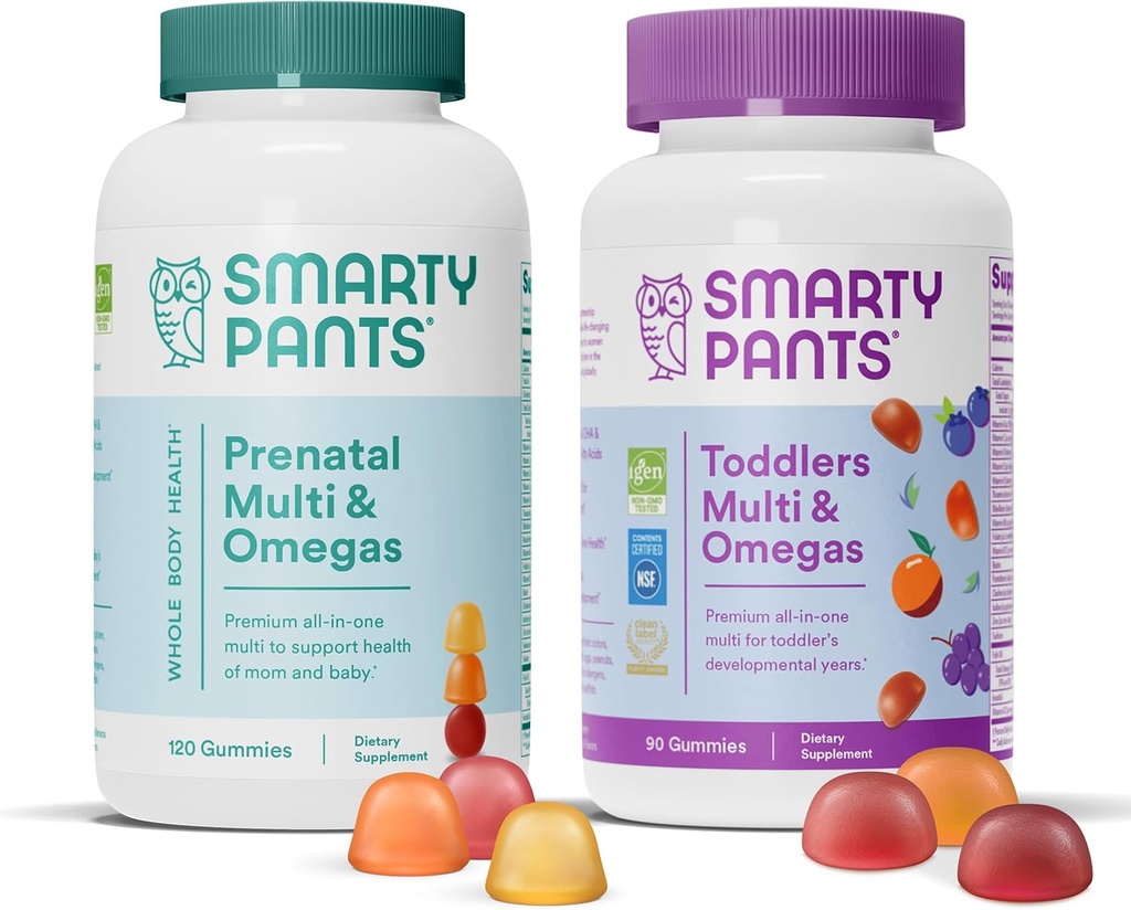SmartyPants Prenatal와 유아 Multivitamin Gummies 번들: 오메가 3 물고기 기름 (EPA/DHA), Biotin, Methylfolate, 비타민 D3, C, 비타민 B12, B6, A, Immune 지원 (30 일 공급)를 위한 K & 아연