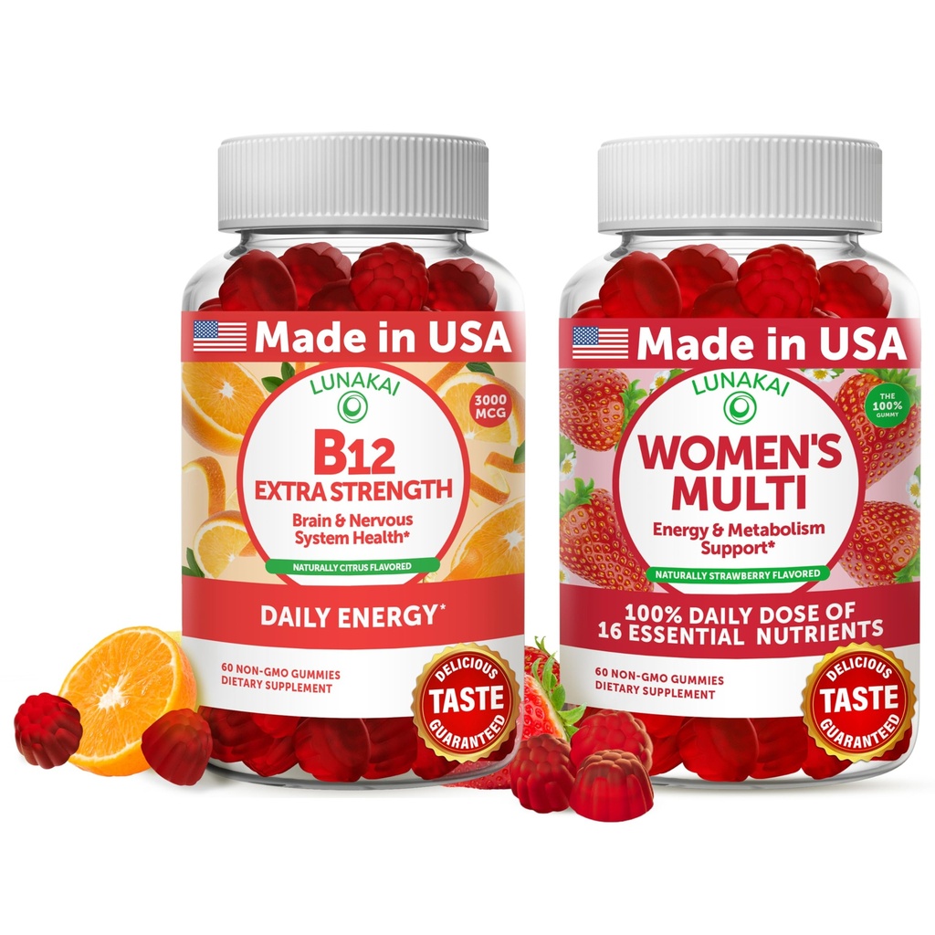 Lunakai 비타민 B12와 여자의 Multivitamin Gummies 번들 - 3000mcg Methylcobalamin 높은 흡수 에너지 거미 - 16의 100% 매일 가치 정유 - 30 일 공급