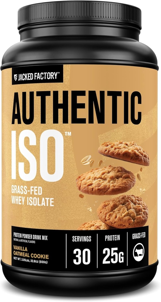 Jacked Factory Authentic ISO Grass Fed Whey Protein Isolate Powder - 낮은 Carb, Non-GMO 근육 건물 단백질 w / 필러, 포스트 운동 회복, 바닐라 Oatmeal 쿠키