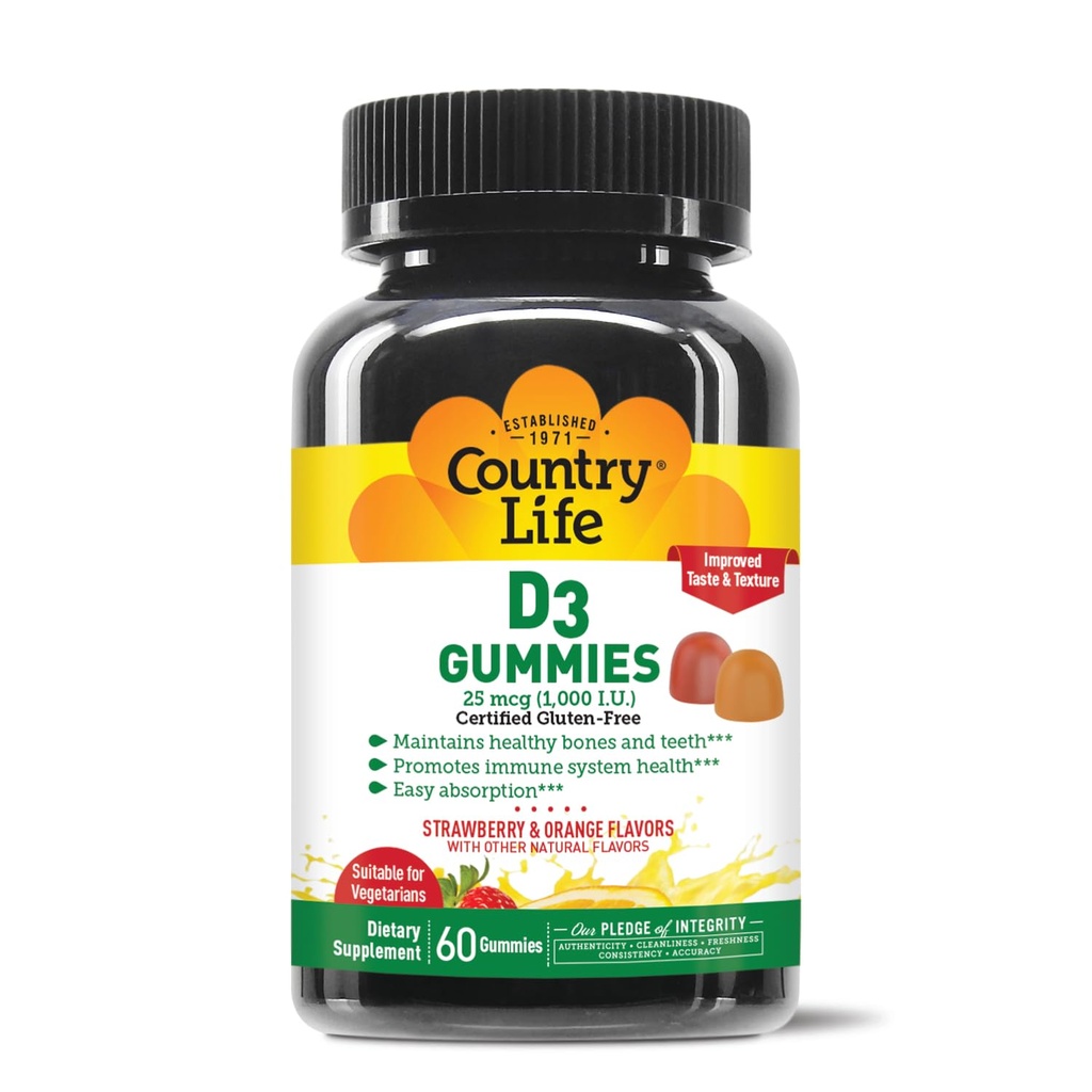 국가 생활 비타민 D3 Gummies – 1,000 IU Cholecalciferol, 60 카운트 – 지원 뼈 & 면역 건강 – 채식주의, 글루텐 - 무료, 딸기 & 오렌지 맛 – Pectin 기반, 인공 감미료 없음