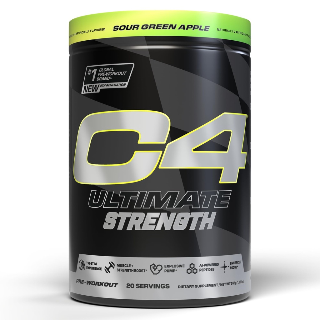 Cellucor C4 궁극적 인 힘 전 운동 분말 - Tri-Stim 경험 300mg Caffeine+TeaCrine+Dynamine - Creatine & Beta-Alanine - 남자 & 여자를 위한 에너지 보충교재 - Sour 녹색 사과, 20의 서빙