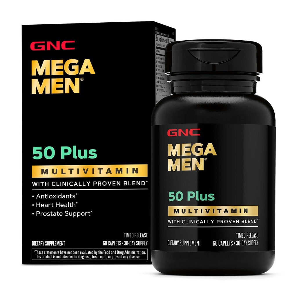 GNC 메가 남자 50 플러스 Multivitamin 캡슐, 임상적으로 입증, 심장 & 전립선 건강, B 비타민, 톱 팔로토, 기억, 비타민 D-3, 60 조사