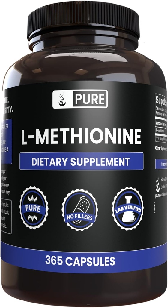 PURE ORIGINAL INGREDIENTS L-Methionine (365 캡슐) 마그네슘 또는 쌀 필러 없음, 항상 순수, 실험실 검증