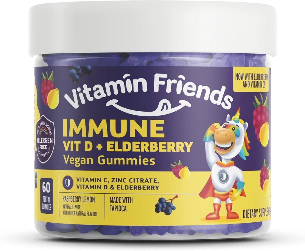 비타민 친구 - Elderberry, 비타민 C Gummies - Vegan Immune 시스템 부스터 혼합 보조제 - 건강 지원 w / 아연 시트레이트 & 비타민 D - 고급 면역 지원 - 30 일 공급 - 1 팩