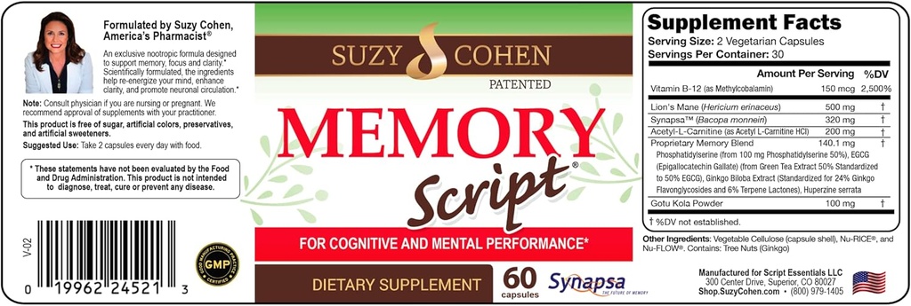 Lions Mane, Phosphatidylserine, Green Tea Extract 및 Ginkgo가있는 Suzy Cohen 메모리 스크립트 - 초점을위한 두뇌 지원 보충교재 - Cognition, Faster Recall 및 Mood를위한 Nootropic 캡슐